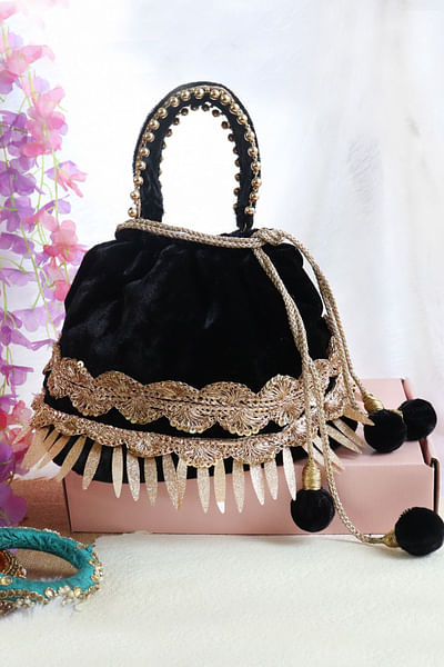 Black lace embellished bucket bag