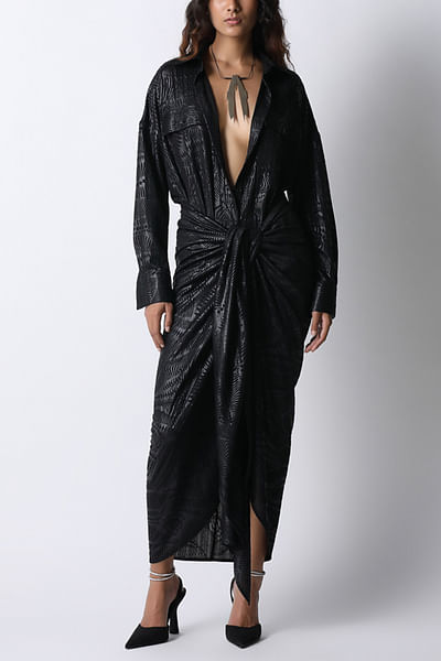 Black leaf embossed draped jersey skirt