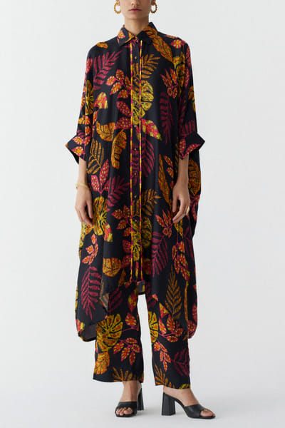 Black leaf print tunic set