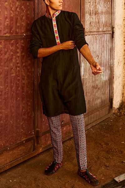 Black linen kurta set