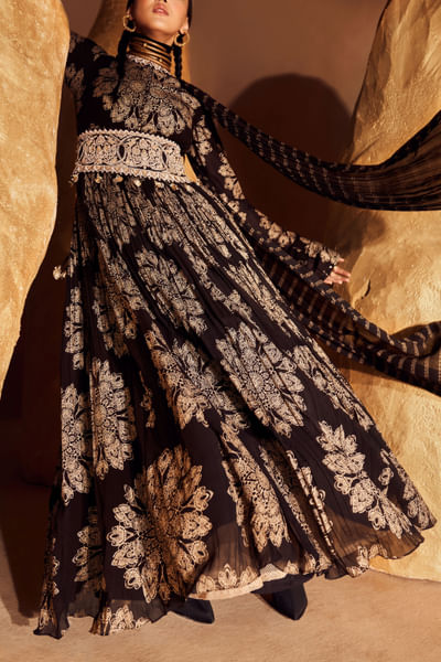 Black mandala print anarkali set