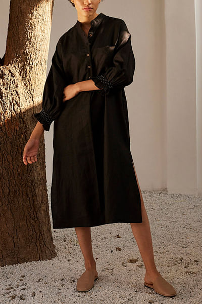 Black mandarin collar linen dress