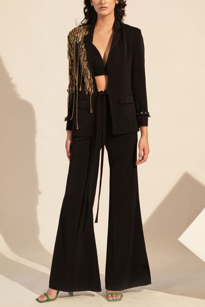 Black metallic embellished blazer set