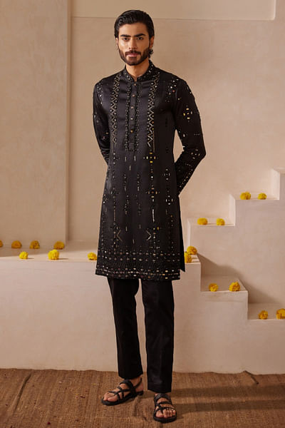 Black mirror and sequin embroidered kurta set
