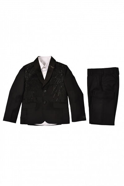 Black motif embroidered tuxedo set