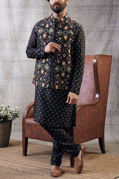 Black motif print bandi kurta set