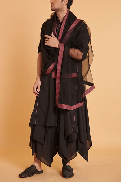 Black Mughal stitch detail draped kurta set
