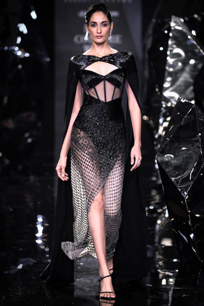 Black ombre embellished corset gown and cape