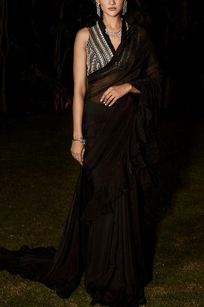 Black organza georgette sari set