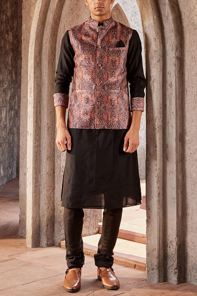 Black paisley print bandi kurta set