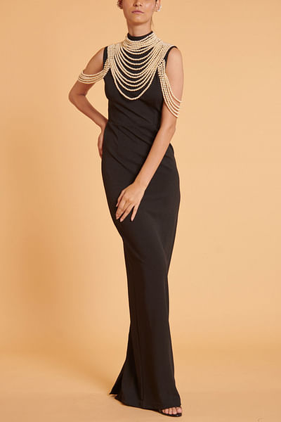 Black pearl layered column gown