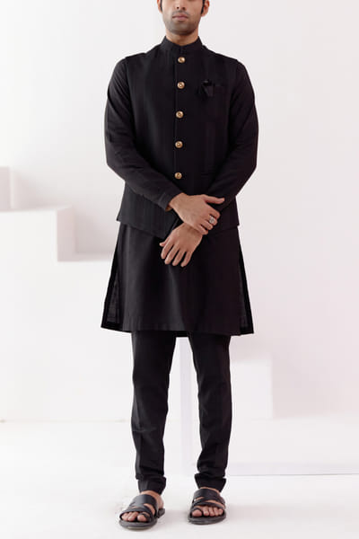 Devnaagri Black pintuck bandi kurta set DEVOCT23MEN001