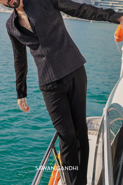 Black pintucks embellished Nehru jacket
