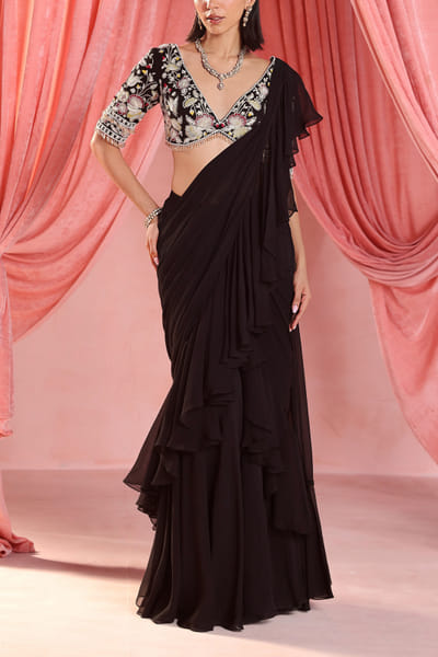 Seema Thukral Black pre-draped ruffle sari set SEEOCT2302