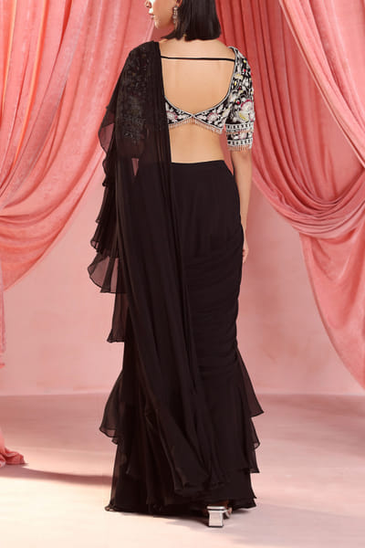 Seema Thukral Black pre-draped ruffle sari set SEEOCT2302