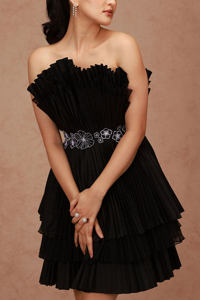 Black pre-pleated ruffle mini dress