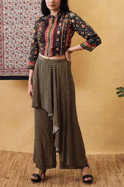 Black printed jacket and palazzos