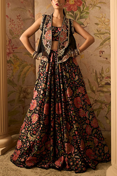 Black printed jacket lehenga set