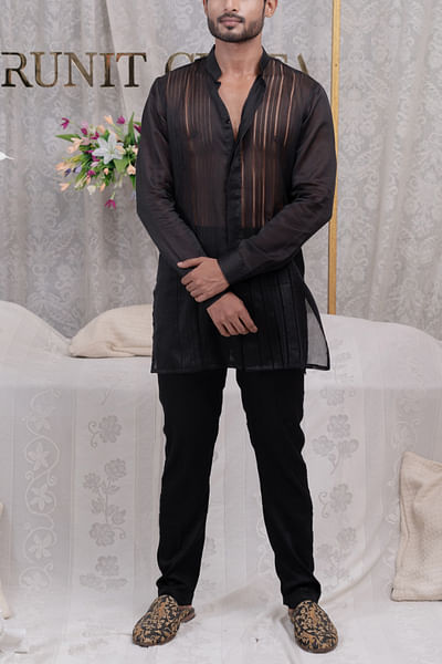 Black pulled thread work short shirt kurta set