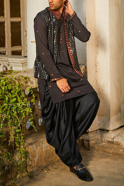 Black rabari mirror work kurta set