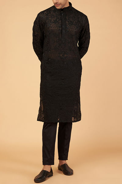 Black resham embroidered kurta set