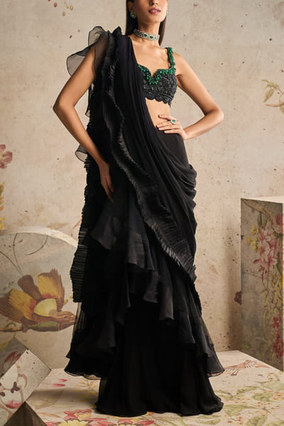 Ridhi Mehra Black ruffle drape sari set RMHJAN24DP106