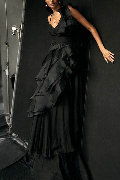 Black ruffle sari gown
