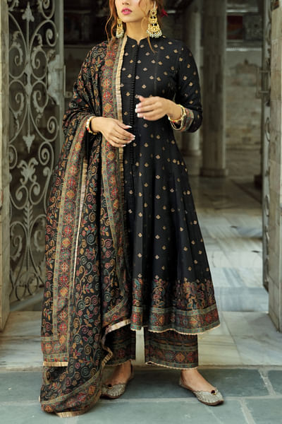 Black self-woven anarkali set