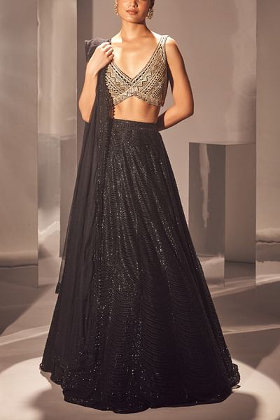 Black sequin and bead embroidered lehenga set