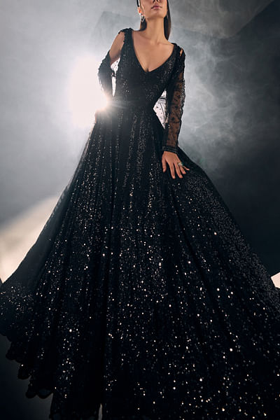 Black sequin and cutdana embellished gown