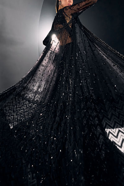 Black sequin and cutdana embellished net cape