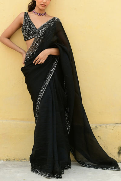 Black sequin and cutdana embellished sari set