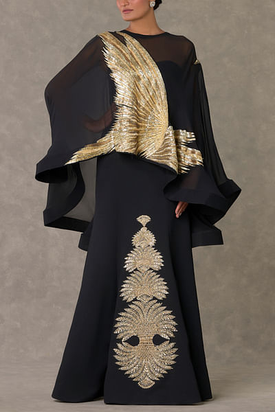 Black sequin and dori embroidered cape and gown