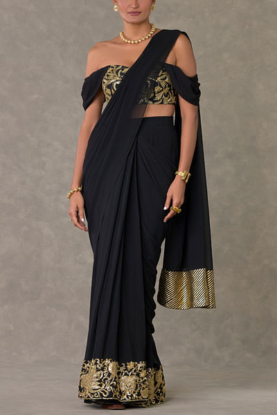 Black sequin and dori embroidery draped sari set