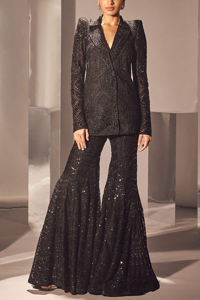 Black sequin and thread embroidered blazer set