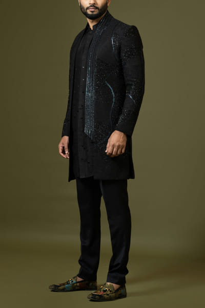 Paarsh Atelier Black sequin embellished achkan kurta set PATMAR23D205