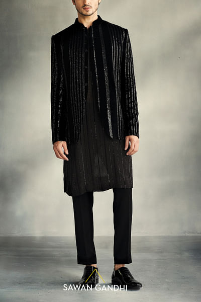 Black sequin embellished bandhgala set