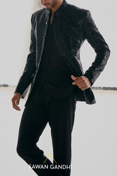 Black sequin embellished bandhgala set