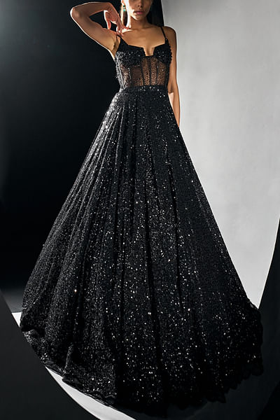 Black sequin embellished corset gown