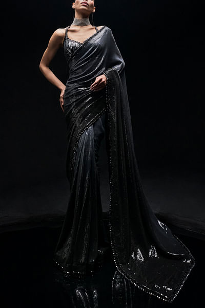 Black sequin embellished ombre sari set