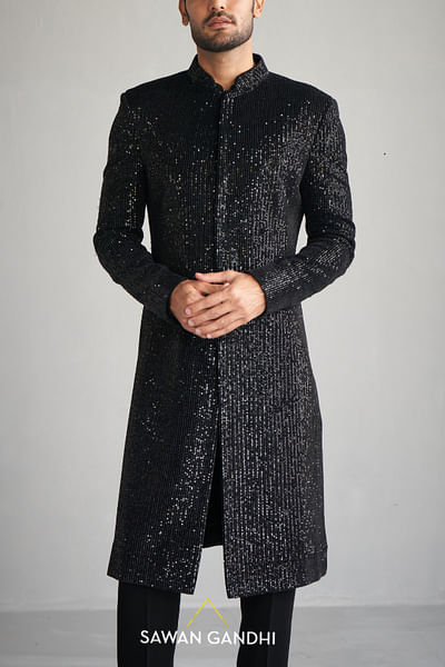 Black sequin embellished sherwani set