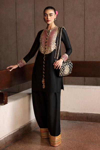 Black sequin embroidered kurta set
