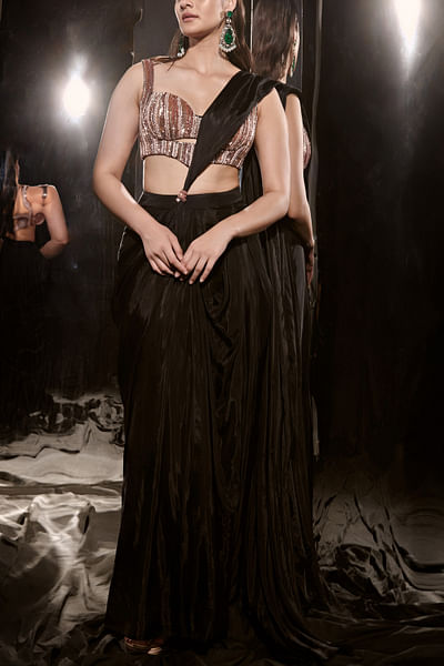 Black sequin embroidered pre-draped sari set