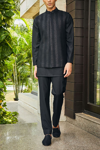 Black sequin embroidery Nehru jacket kurta set