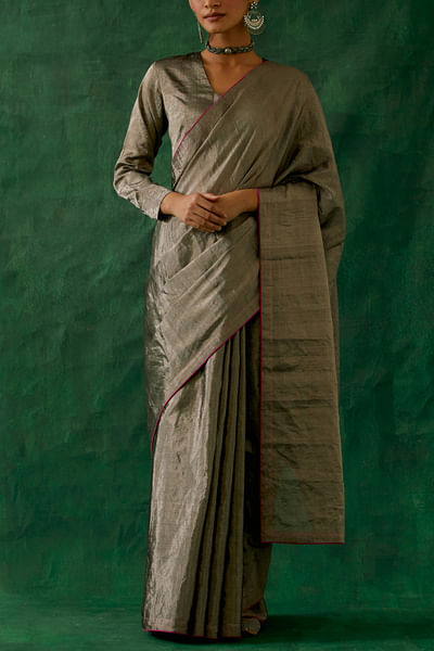 Black silver handwoven sari set