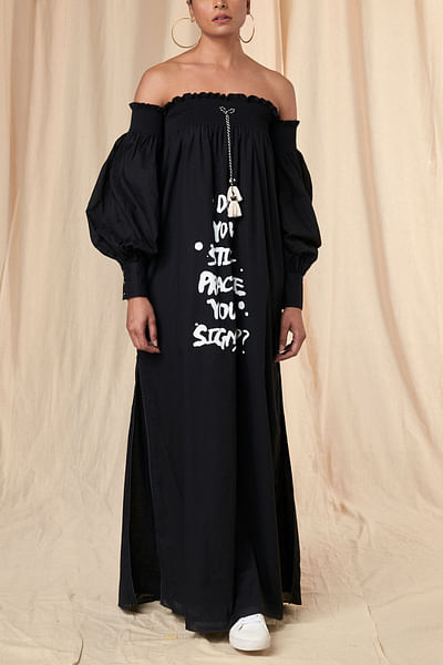 Black slogan printed off-shoulder slit dress