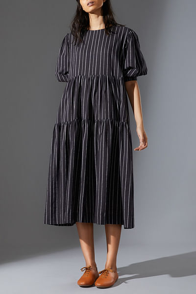 Black stripe tiered handwoven cotton dress