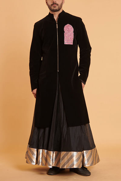 Black striped metallic patchwork anarkali set