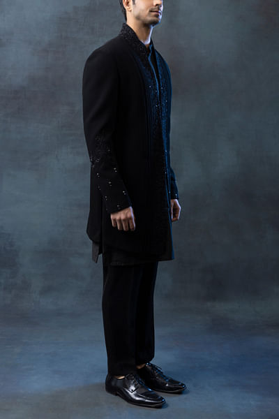 Black thread and sequin embroidery sherwani set