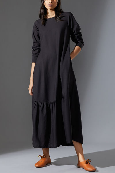 Black tiered and gathered handwoven maxi dress